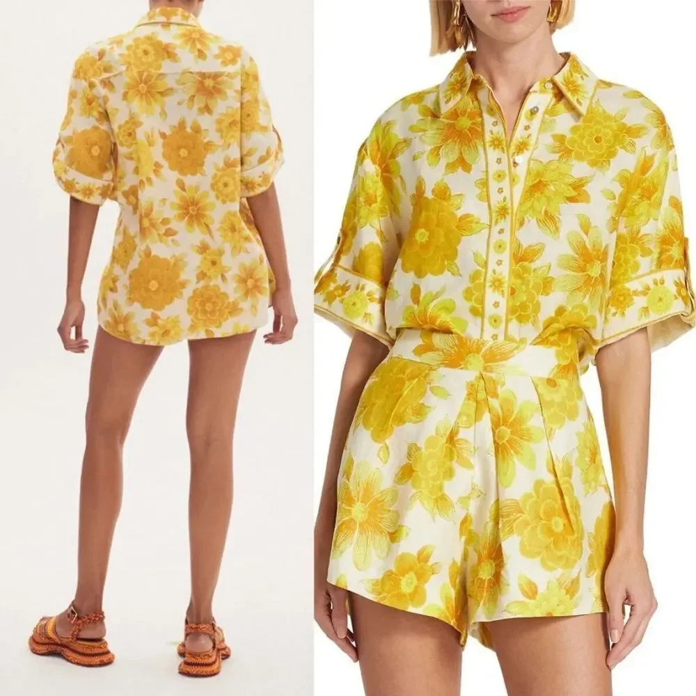 Floral Yellow Women's Shorts And Shirt